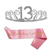 B4MBOO 13th Birthday Party Decoration Kit, 13th Birthday Tiara and Pink Unicorn Birthday Girl Sash, Happy 13th Birthday Party Supplies, Pink "Birthday Girl" Sash Satin Sash (Tiara+Sash)