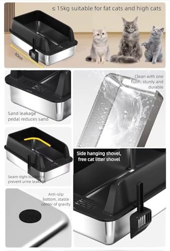 ORCHID M®Stainless Steel Cat Litter Box，Metal Kitty Litter Box with High Wall Sides Enclosure for Big and Small Cats, Odor Control, Easy Clean,Non-Sticky, Anti-Leakage(white）