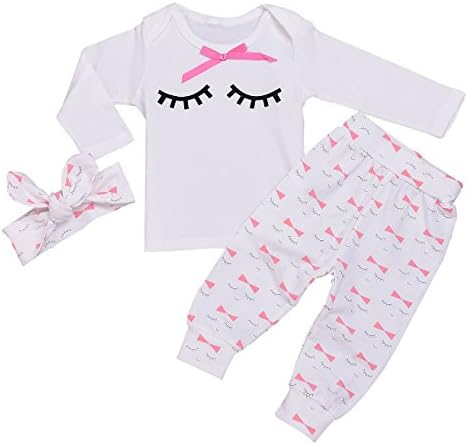 MINSINHO 3Pcs Eyelash Cute Newborn Toddler Baby Girl Clothes Sets Top + Pants + Headband (12-18 Months)