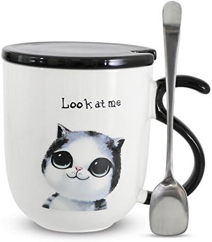 EPFamily Cute Lifelike Kitty Mug Ceramic Coffee Tea Mug with Lid and Spoon for Women Girls Cat Lovers Valentine's Day Gift 14 oz -D