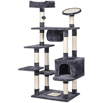 Yaheetech 62-inch Cat Tree Condo with Scratching Post Plush Perch and Tunnel, Cat Tower Furniture Gray