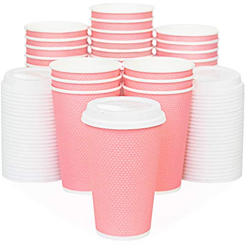 Glowcoast Disposable Coffee Cups With Lids - 16 oz To Go Coffee Cup With Lid (70 Set). Large Togo Travel Paper Hot Cups Insulated For Hot and Cold Beverage Drinks, No Sleeves Needed (Peach)