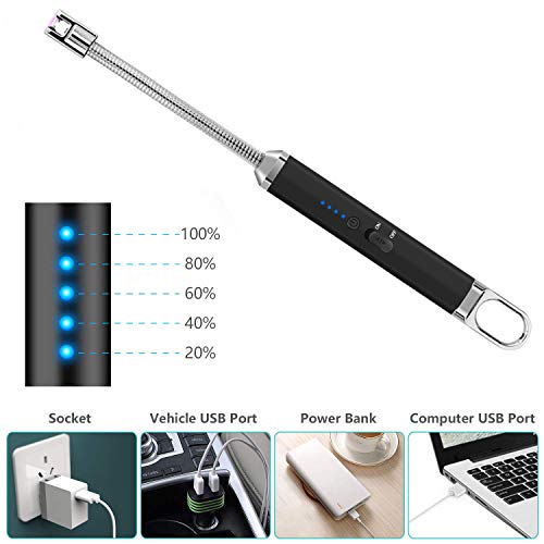 Lighters,Candle Lighters, Electric Lighters Long Flexible Flameless Windproof USB Rechargeable with Hook Battery Indicator Safety Designs for Candles, Grill, BQQ, Kitchen, Camping, Fireplace, Beach