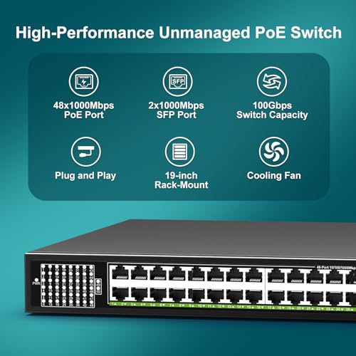 48 Port Unmanaged Gigabit PoE Ethernet Switch with 2 SFP 1000Mbps Uplink Ports, 50 Port VIMIN PoE Ethernet Switch Supports IEEE802.3af/at, 400W Power Supply, Plug and Play