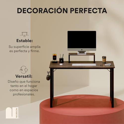 MUBSON Escritorio Minimalista Vintage con Base para Monitor. Mueble Gamer o de Oficina con Superficie de 120x60x74 de Madera MDF. Escritorio Elegante Radahn para Estudio y Trabajo (Cafe)