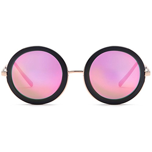 SUNLOUNGER Womens UV400 Vintage Retro Sunglasses - Mirror Pink Lens on Gold & Black Frame