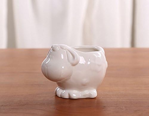 SWONVI (TM) Decorative Bunny Rabbit Design White Mini Ceramic Plant Flower Pot Succulent Planter w/ Saucer Have drainage hole (Sheep)