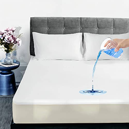 FANOYOL Waterproof Mattress Protector, Deep Pocket Mattress Cover Breathable Soft Cotton Fitted Sheet for Kids Adults Pets 3 Pieces with 2 Pillowcases White