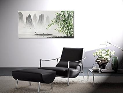 Large Hand Painted Traditional Chinese Painting Black And White Modern Landscape Canvas Wall Art Handmade Bamboo Artwork Paintings Home Kitchen Svanimal Com