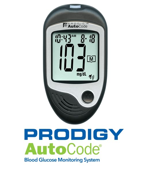 PRODIGY 10500 100ct Test Strips with AutoCode Talking Meter Starter Kit, PRODIGY AutoCode Blood Glucose Talking Meter, No Coding Blood Glucose Test Strips (2 vials of 50ct), Adjustable Depth Lancing Device, Twist Top Lancets 28G (10ct), Carrying Case, Quick Reference Guide, Owner's Manual