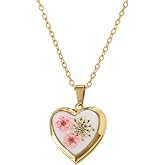 Heart Locket Dried Flower Pendant Necklace Stainless Steel Gold Plated Cute Light Pink Pressed Wildflower Charm Holds Picture