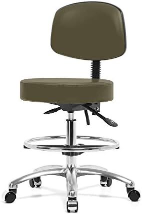 Top Medical Stool with Back, Chome Footring and Base 25" - 35" - Eucalyptus Vinyl - Chrome Casters