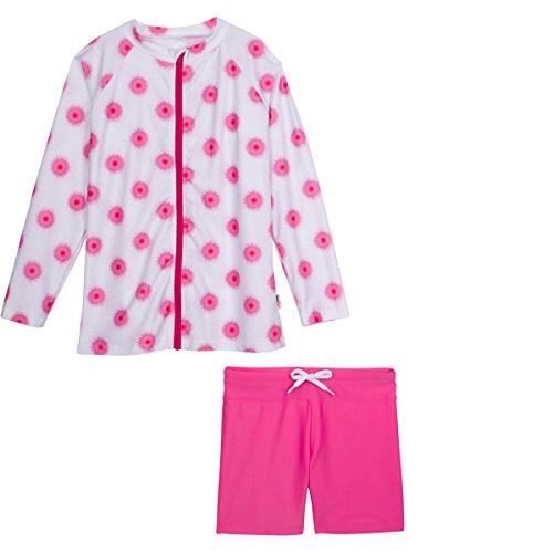 SwimZip Big Girls Long Sleeve Rash Guard Swim Shorts Set with UPF 50+ Pink Graffiti 6-8