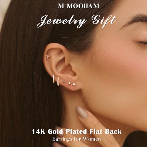 M MOOHAM 9 Pairs Flat Back Earring Stack Set for Women Teen Girls | Hypoallergenic Earrings, 14K Gold Plated Huggie Hoop Stud Earring, Small Cute Bow Cartilage Earrings, Trendy Jewelry Gifts