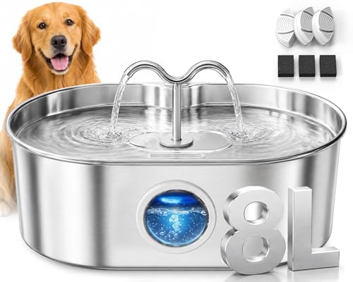 SohoTeco 8L/270oz/2Gallon Stainless Steel Dog Water Fountain Pet Fountain | Automatic Pet Water Dispenser - Self-Designed Filtration System - Ultra-Quiet Pump - Easy Cleaning & Maintenance (3 Filters)