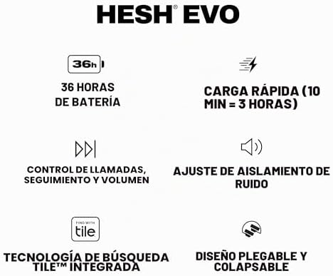 Hesh EVO Cascos Over-Ear Inalámbricos, 36 h de Autonomía, Micrófono, Compatibles con iPhone Android y Dispositivos Bluetooth - Negro