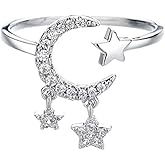 Crescent Moon Star Open Rings for Women Cubic Zirconia Dangle Tassel Adjustable Stacking Statement Knuckle Finger Ring Promise Wedding Promise Fashion Jewelry Daughter