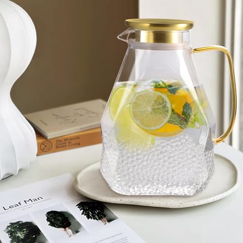 ecooe Glass Water Pitcher 1.8 Liter Glass Jug Fridge Door Glass Water Jug with Stainless Steel Lid, Transparent Glass Jug for Cold/Hot Water, Juice, Milk, Coffee, Tea