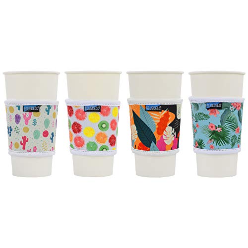 Bluecell Pack of 4 Neoprene Insulated Reusable Coffee Sleeve Protect Your Hands for Coffee Tea Hot & Cold Drinks (Flower#2(4pcs))