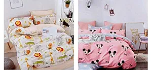 SinghsVillas Decor Super Heavy Glace Cotton Kids Cartoon Printed Combo of 2 Single Bedsheet with 2 Pillow Covers (Multicolor)
