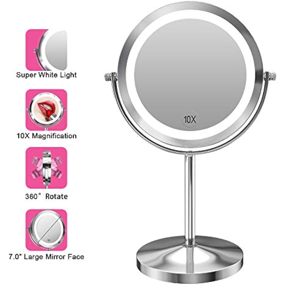 10x Magnified Lighted Makeup Mirror Double Sided Round Magnifying Standing 360 7 eBay