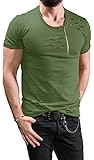 NITAGUT Mens Hipster Hiphop Holes Design T-Shirt Cotton Crewneck Tees Zipper Trim (Small(Chest 33-36), Army Green)
