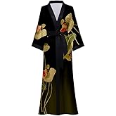 EORUBE Kimono Robes for Women Long Dressing Gown Charmeuse Satin Floral Print Silky Robe Sleepwear Wedding Bachelorette Party