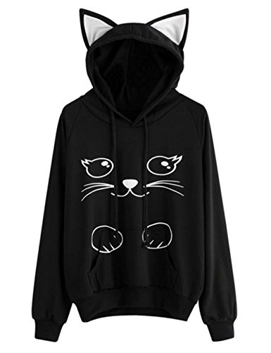 Cat Hoodies Women Girls Cute Cat Ear Hooded Novelty Printed Pullover Sweatshirt