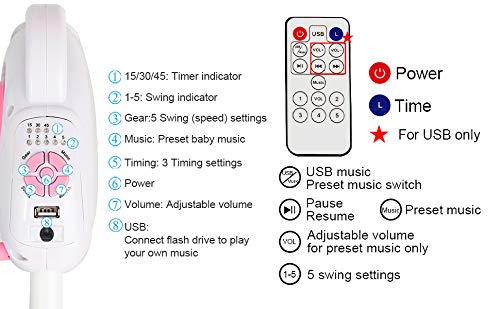 Uenjoy Rocking Multifunction Baby Swing Bed Automatic Bassinet Baby Basket with Remote Control, Music, Timing, Adjustable Speed, Pink