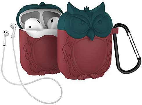 Lovekiss Cute Owl Pouch Compatible for Apple Airpods Case Air Pods Charging Box Cover Cartoon Protective Silicone Sleeve Shockproof Drop Proof with Keychain Dust Plug Anti-Lost Rope (Green & Red)