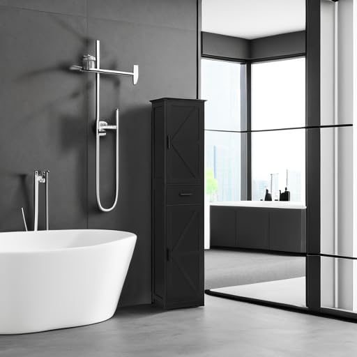 WEENFON Tall Bathroom Cabinet with 6 Shelves, Narrow Bathroom Storage with 2 Doors, Narrow Storage Cabinet, for Bathroom, Living Room, Kitchen, Black, 30×40×170CM