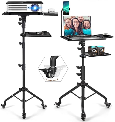 WEAGP Soporte para Proyector con Ruedas, Soporte para Proyector Tripode con Bandeja para Ratón, Porta Celular y Bandeja de Almacenamiento, Soporte Trípode Proyector para Oficina Hogar Estudio