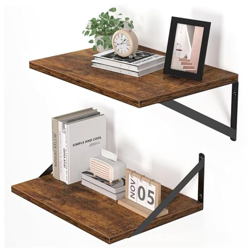 DAYONG Deep Wall Mounted Floating Shelf, 16W x 12D Rustic Wood Floating Shelves with Metal Brackets, Set of 2 Hanging Shelf for Kitchen, Living Room, Bathroom and Bedroom Decor (Rustic Brown)