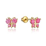 14k Gold Plated Brass Red Butterfly Cubic Zirconia Screwback Girls Earrings with Silver Post