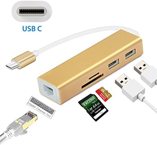 USB Type c Hub Card Reader Adapter, Sicotool Thunderbolt 3 Adapter with Gigabit Ethernet, USB 3.1 Type c to Memory Card Hub SD/TF Lan Network Adapter for New MacBook Router Google Chromebook Pixel