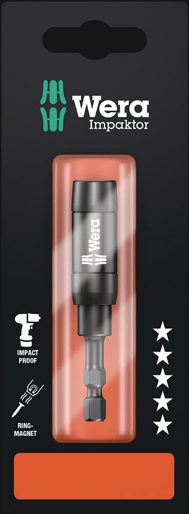 Wera 897/4 IMP R SB Impaktor TriTorsion Bit Holder with retaning ring and ring magnet, 1/4" Hex Drive x 75 mm, 05073990001