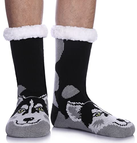LINEMIN Mens Warm Slipper Socks Soft Cozy Fuzzy Fleece-Lined Winter Non Slip Indoor Christmas Socks