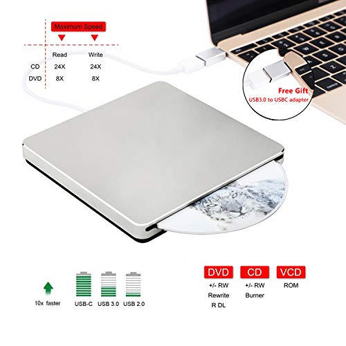 External USB 3.0 Drive USB C CD DVD Drive Guamar Slim Portable External DVD CD Burner Writer Player Drive, High Speed Data Transfer Optical Drive Compatible with PC/Laptop/Windowsd/Mac