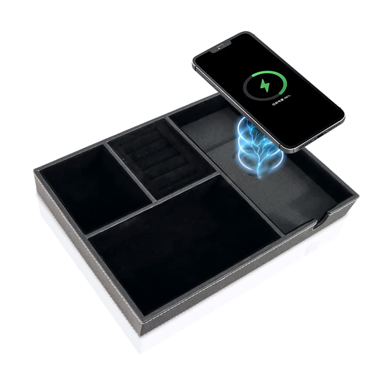 SANZIE Leather Tray with Wireless Charger - Nightstand Organizer for Phone, Wallet, Keys, Sunglasses, Watches, Jewelry, and More (Black-Medium)