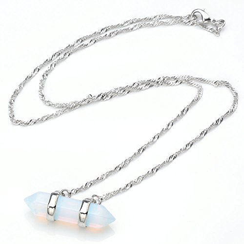 JOVIVI Crystal Gem Double Wrapped Wire Chakra Stone Pendant Platinum Necklace (Opalite)