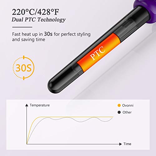 Ovonni Ionic Curling Wand, 3/4-1 Inch Dual Voltage Ceramic Tourmaline Curling Iron Wand, Professional Instant Heat Up Hair Wand for Loose Curls and Waves with Heat Protective Glove (Purple)