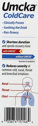 Nature's Way Cold Relief Hot Drink, Umcka, Homeopathic, Clinically Proven Pelargonium Sidoides 1X, for Cough, Congestion, Sore Throat, Stuffy Nose, Lemon Flavored, 10 Packets (Packaging May Vary)