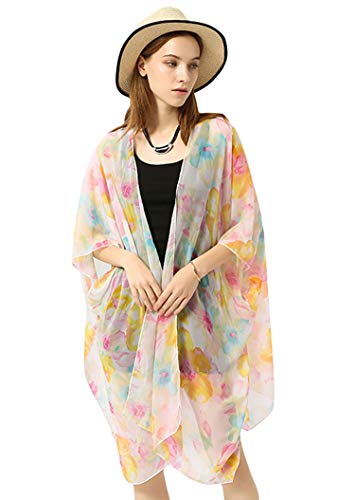 GERINLY Pastel Flower Beach Kimono Cardigan Chiffon Swimsuit Cover Up Pool Bikini Cardigan (Beige)