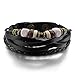 INBLUE Men's Alloy Genuine Leather Wood Bracelet Bangle Cuff Rope Silver Tone Black Surfer Wrap Adjustable