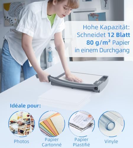 12" Guillotine Papierschneider,Schneidemaschine, Hebelschneider 12 Blatt Schneidleistung (80g A4) Mit Sicherheitsvorrichtung und Klingenarretierung für Karton, Fotos, Büro, Schule, Studio