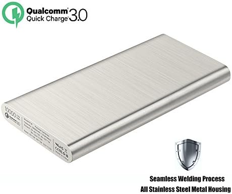 QC 3.0 Power Bank 10000mAh Seamless Stainless Steel Housing Anti-explosion Anti-burning, Qualcomm Quick Charge 3.0 Input & Output Type C Battery Pack for Macbook Galaxy S8 iPhone and More