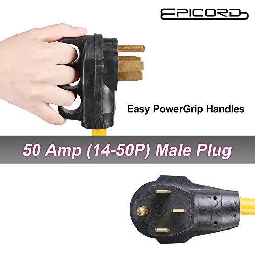 EPICORD RV Extension Cord 50Amp For Trailer Motorhome Camper with Grip Handle Plug, Locking Connector, 30F 125VT