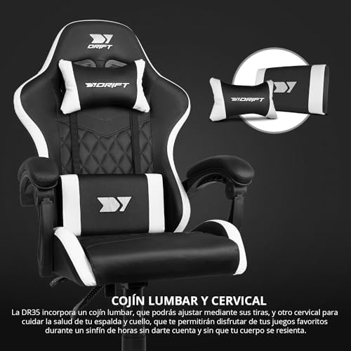 DR35 - Silla Profesional, Polipiel, Reposabrazos Acolchados, Pistón Clase 3, Base Nylon Reforzada, Asiento basculante, Altura Regulable, Cojín Lumbar/Cervical, Negro/Blanco