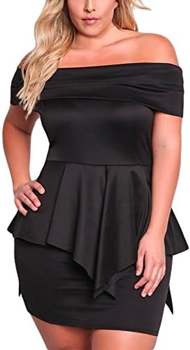 Lucklovell Women Sexy Plus Size Fold Over Off Shoulder Peplum Dress ((US 22-24)XXXL, Black)