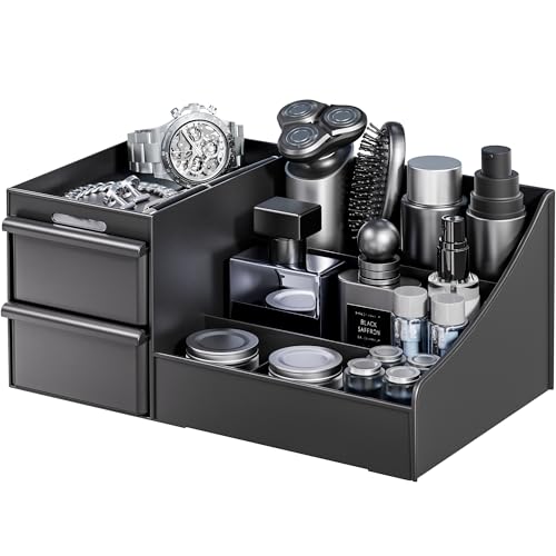 DancesCat Black Cosmetic Organiser for Men, Dressing Table Makeup Organiser with Drawers, Skincare Organiser Storage Box, Ideal Perfume Stand for Mens Bedroom&Bathroom Accessories (Matte Black)